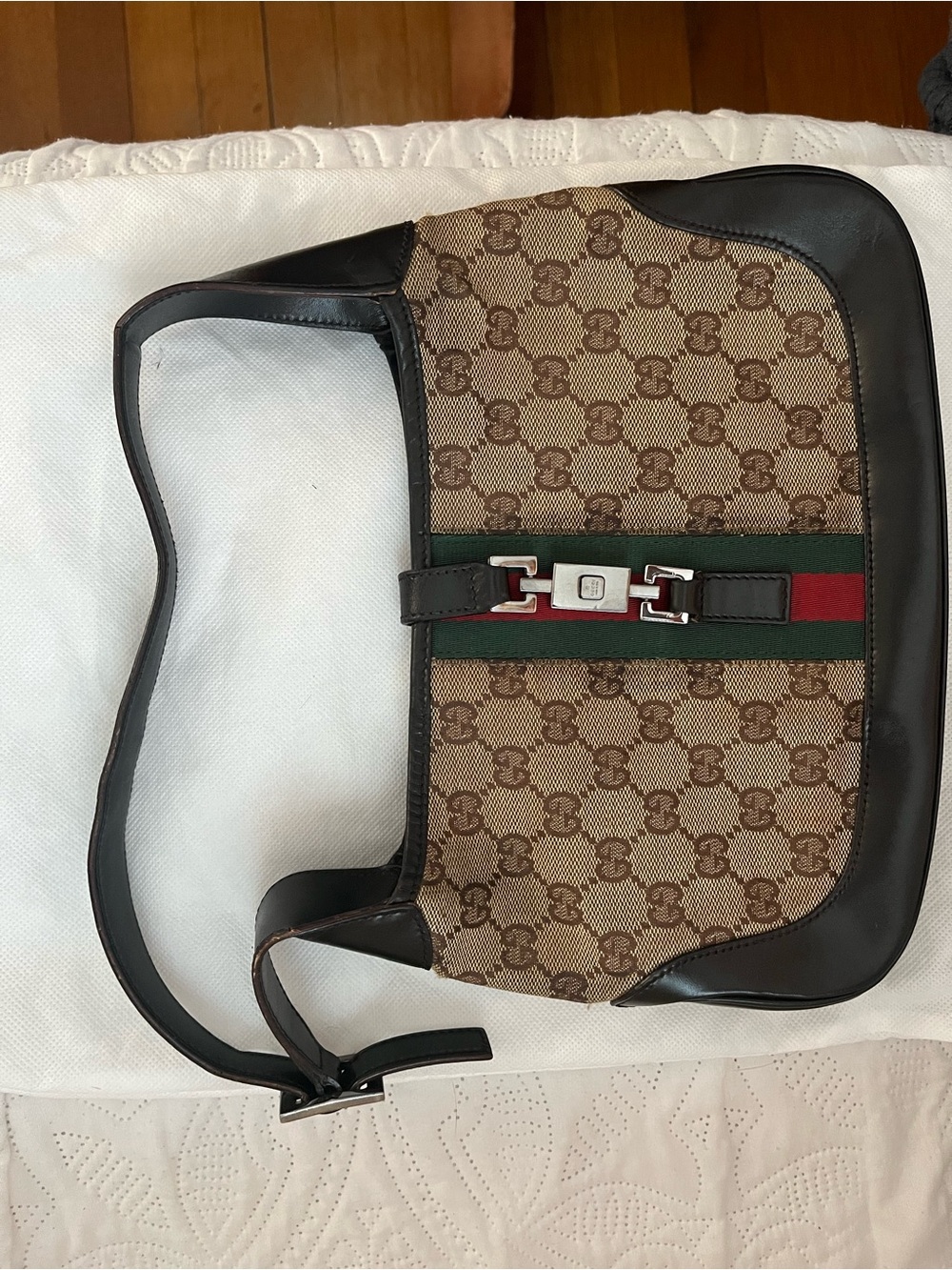 Gucci Brown GG Canvas Shoulder Bag with Green and Red Web Stripe